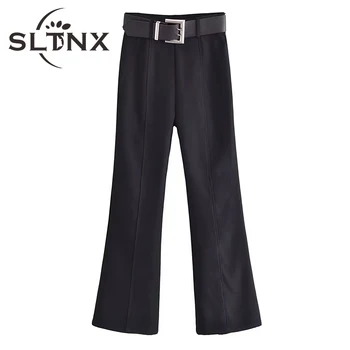 SLTNX 2022 Mulheres da Moda Calças Flare Feminino Sólido Casual Calças de Cintura Alta com Cinto de Decoração Senhoras Chique Elegante Calças