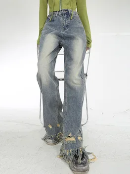 As mulheres do Vintage Y2K Emo Streetwear de Fadas Grunge Baggy Jeans, Calças Jeans Rasgadas, Calças de Alt Reta de Cintura Alta Harajuku Roupas